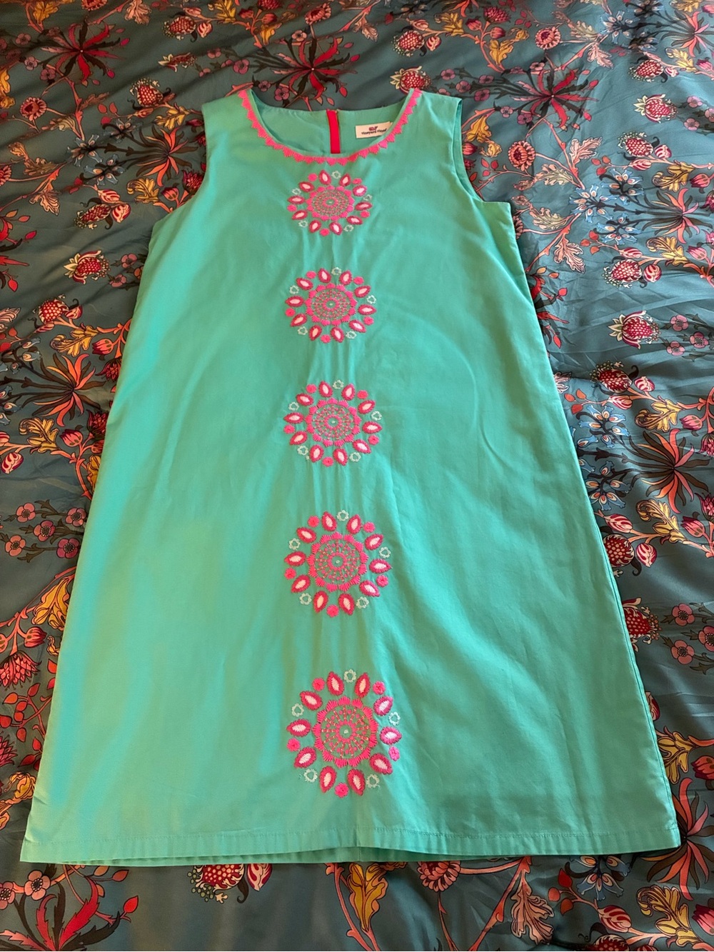 Girls Vineyard Vines Turquoise Shift Dress with Pink Medallion Embroidery!